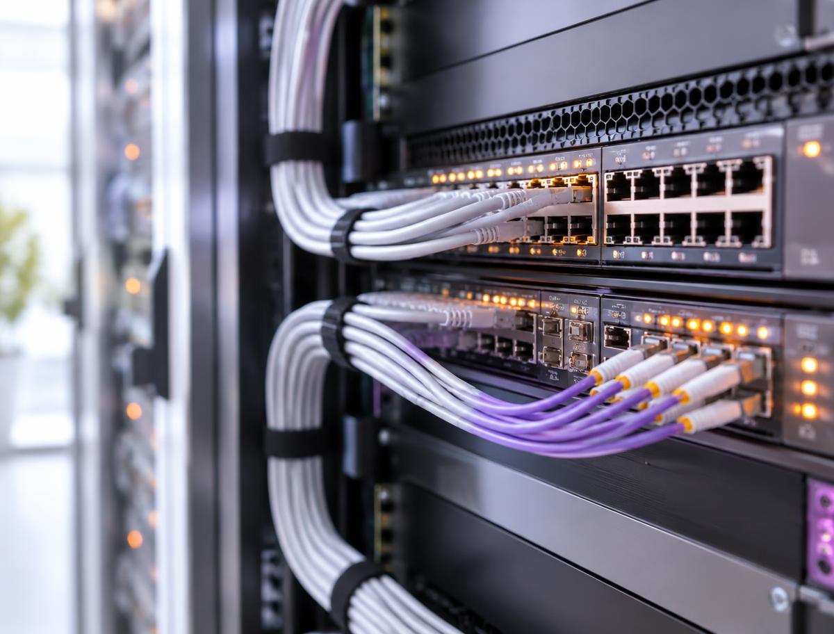 Netzwerk-Switches im Serverschrank mit geordneten Netzwerkkabeln und aktiven Statusleuchten